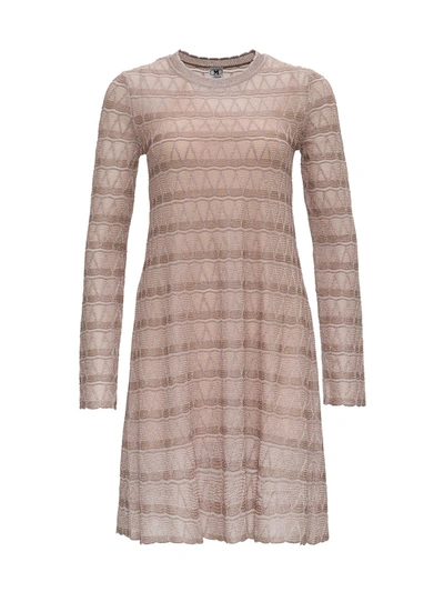 M Missoni Flred Dress In Lurex Knit With Zig-zag Pattern In Beige