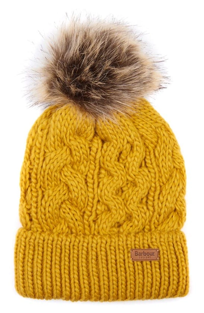 Barbour Penshaw Faux Fur Pompom Beanie In Ochre