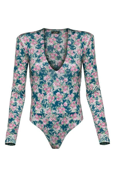 Afrm Sybil Long Sleeve Thong Bodysuit In Blush Bouquet