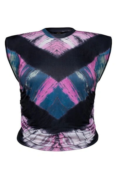 Afrm Scorpio Cap Sleeve Crop Top In Pink/ Navy Chevron Tie Dye