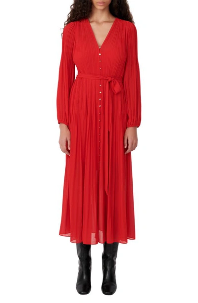 Maje Rochi Pleated Maxi Dress With Belt In Red
