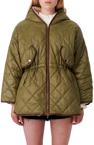 Maje Reversible Quilted & Faux Shearling Jacket In Khaki Green