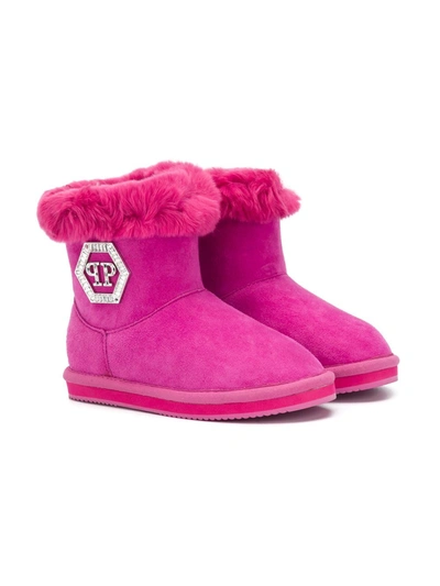 Philipp Plein Kids' Shearling Logo Plaque Boots In Pink