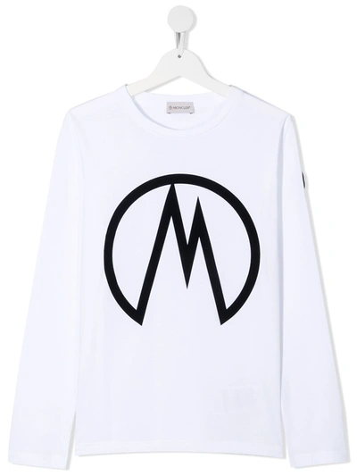 Moncler Teen Logo Print Longsleeved T-shirt In White