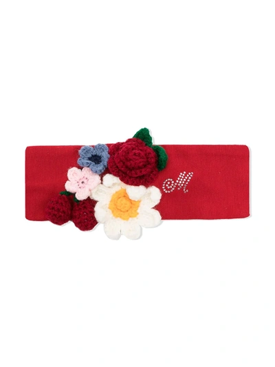 Monnalisa Babies' Floral Embroidered Rhinestone Headband In Red