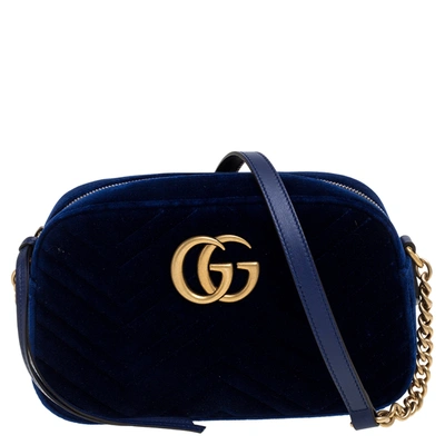 Pre-owned Gucci Blue Gg Matelasse Velvet And Leather Gg Marmont Shoulder Bag