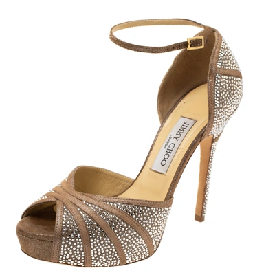 Pre-owned Jimmy Choo Beige Glitter Suede Kalpa Crystal Embellished Ankle Strap Platform Sandals Size 38.5