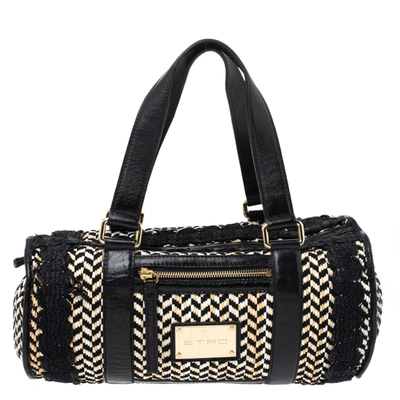 Pre-owned Etro Black/beige Woven Straw And Leather Boston Bag