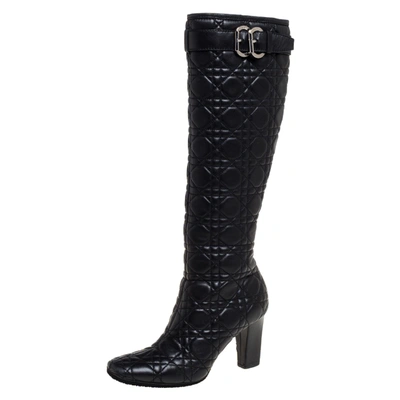 Pre-owned Dior Black Cannage Quilted Leather Buckle Detail Knee High Boots Size 36