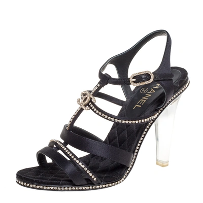 Pre-owned Chanel Black Satin Crystal Embellished Lucite Heel Cc Strappy Sandals Size 39