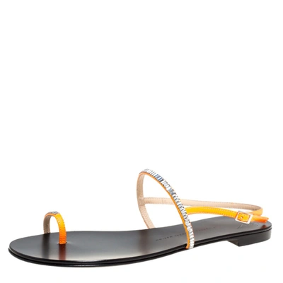 Pre-owned Giuseppe Zanotti Orange Leather Strass Embellished Sling Strap Flat Sandals Size 40