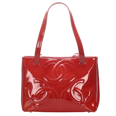 Pre-owned Chanel Red Patent Leather Triple Coco Tote Bag