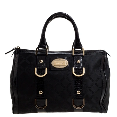 Pre-owned Versace Black Signature Fabric And Croc Embossed Leather Boston Bag