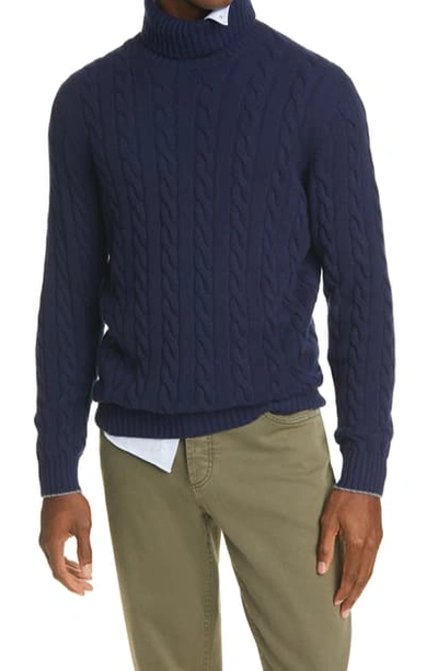 Brunello Cucinelli Cable Knit Cashmere Turtleneck Sweater In Navy