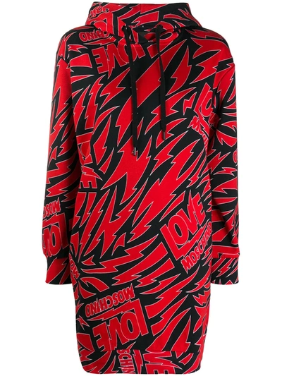 Love Moschino Monogram Print Hooded Dress In Red