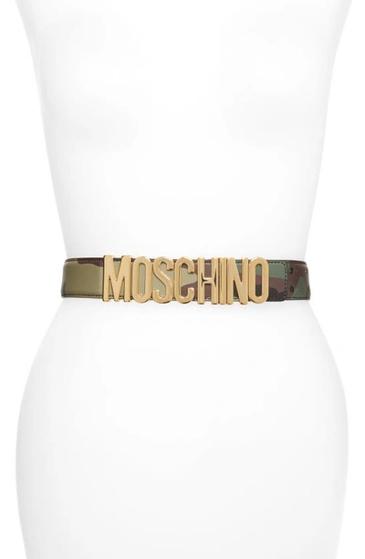 Moschino Camo Print Logo Plate Leather Belt In Gold
