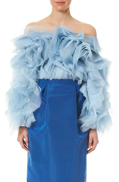 Carolina Herrera Bead Embellished Ruffle Off The Shoulder Blouse In Celeste Multi