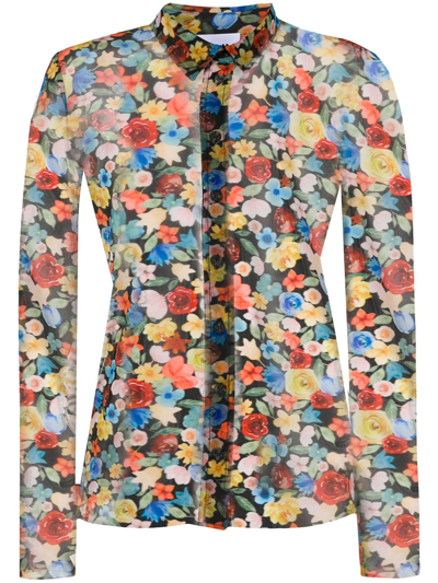 Ganni Floral-print Stretch-mesh Shirt In Multi