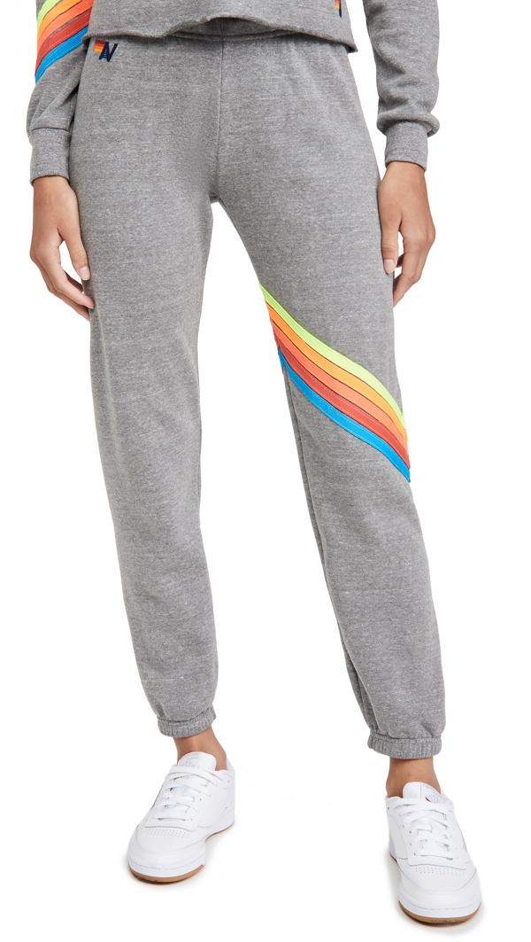 white sweatpants with rainbow stripe