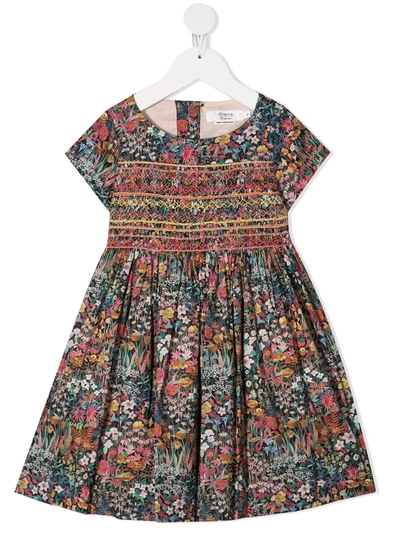 Bonpoint Kids' Floral Print Dress With Smock And Embroidery Detail In Blue