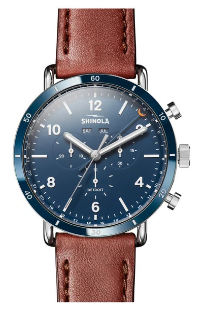 Shinola Canfield Sport Stainless Steel Chronograph Leather Strap Watch In Blue