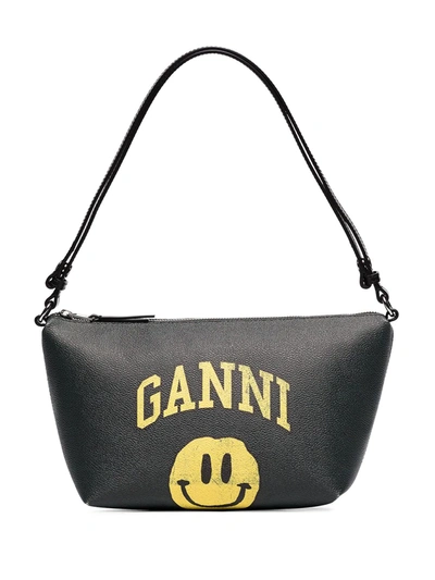 Ganni Smiling Face-print Coated-canvas Shoulder Bag In Phantom