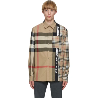 Burberry Logo-print Checked Cotton-blend Poplin Shirt In Beige