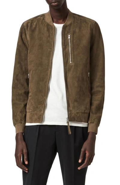 Allsaints Kemble Suede Slim Fit Bomber Jacket In Khaki