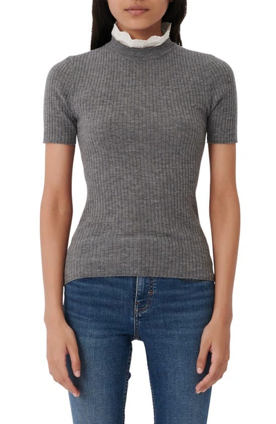 Maje Mouthy Short-sleeved Rib Knit Jumper With Lace Collar In Grey