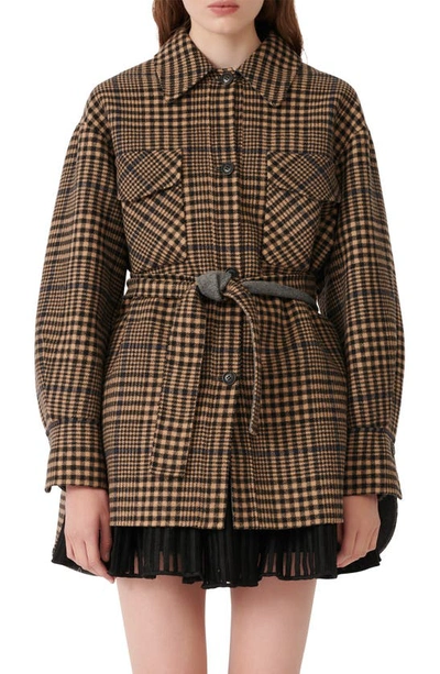 Maje Plaid Belted Wool Blend Coat In Brown