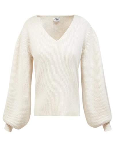 Loewe Balloon Sleeve V-neck Sweater In Off White
