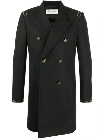 Saint Laurent Anchor-button Double-breasted Wool Coat In Black