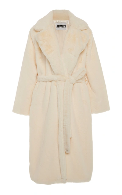 Apparis Mona Belted Faux Fur Coat In Ivory