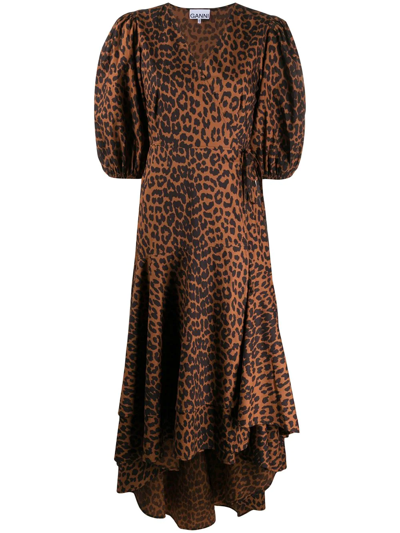 Ganni Puff Sleeve Organic Cotton High/low Wrap Dress In Toffee