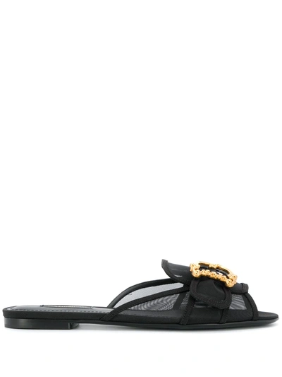 Dolce & Gabbana Flat Slide Sandals With Dg Buckles In Black