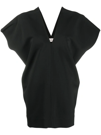 Plan C V-neck Ruffled Short-sleeve Top In Black