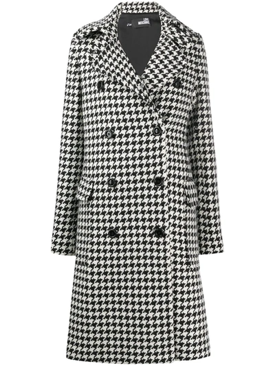 Love Moschino Double Breasted Coat Pied De Poule Martingala On Back In Black