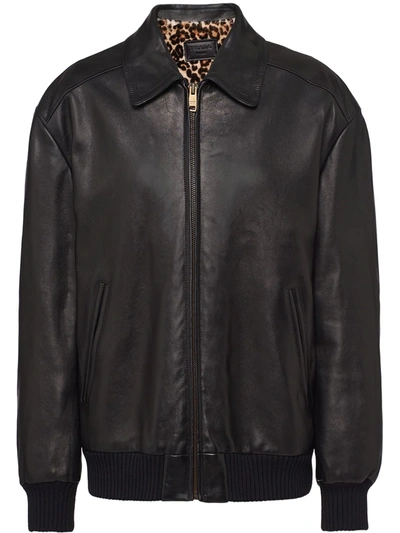 Prada Leather Bomber Jacket In Black