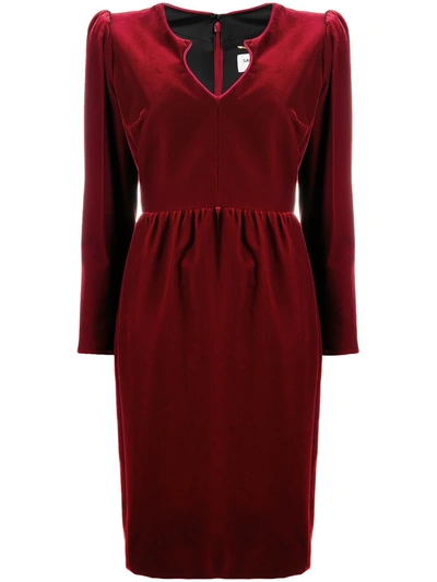 Saint Laurent Arched Neck Long Sleeve Velvet Dress In Brick Red