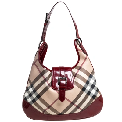 Pre-owned Burberry Beige/red Nova Check Pvc And Patent Leather Large Brooke Hobo