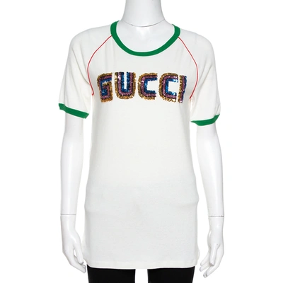 Pre-owned Gucci Cream Knit Sequin Logo Applique Fitted T Shirt Xl