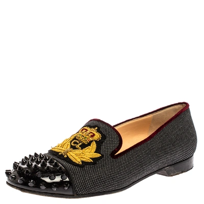 Pre-owned Christian Louboutin Black Canvas And Patent Leather Harvanana Spiked Cap Toe Smoking Slippers Size 38