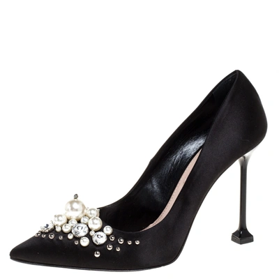 Pre-owned Miu Miu Black Satin Crystal And Pearl Embellished Pointed Toe Pumps Size 38