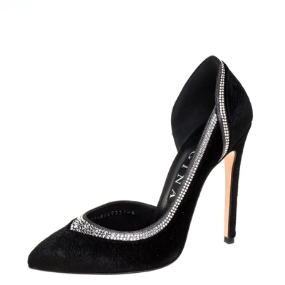 Pre-owned Gina Black Paisley Print Velvet Tia Crystal Studded D'orsay Pointed Toe Pumps Size 39