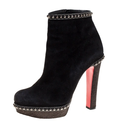 Pre-owned Christian Louboutin Black Suede Studded Zip Ankle Boots Size 39