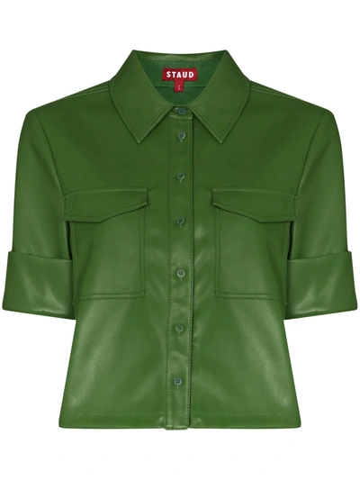 Staud Rue Faux Leather Shirt In Green