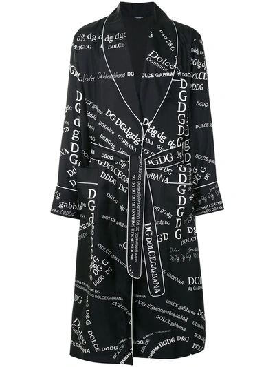 Dolce & Gabbana Silk Dressing Gown With All-over Dg Logo Print In Black/white