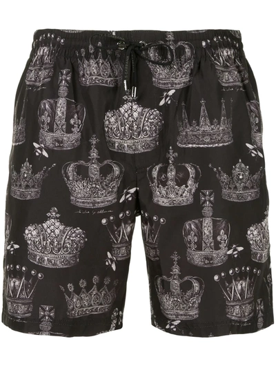 Dolce & Gabbana Short Swim Trunks With Crown Print In Black
