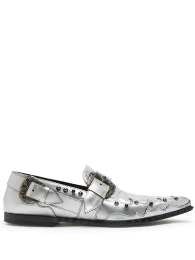 Dolce & Gabbana Studded Metallic-finish Loafers In Silver