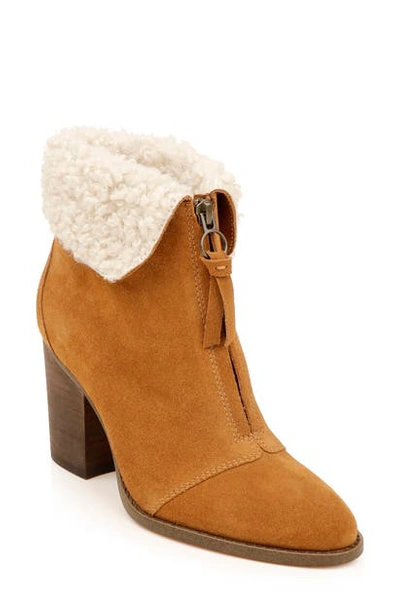 Splendid Women's Kiley Faux Fur Collar High Heel Booties In Tobacco/ Natural Suede